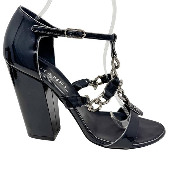Chanel Patent & CC Logo Chain Link Navy Silver Block Heel Sandals size 39.5 - Picture 11 of 16